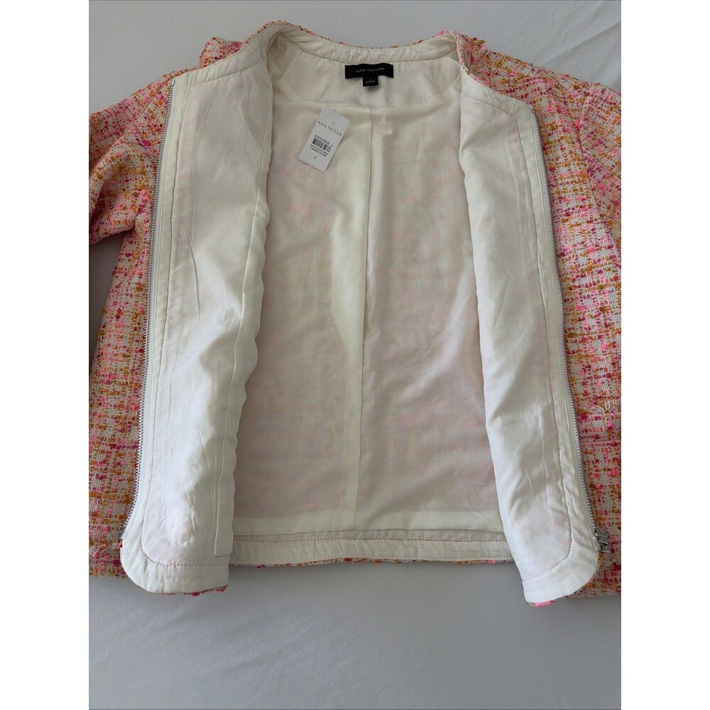 Ann Taylor Tweed Bouclé Blazer Plaid Womens Sz 4 Pink Orange Fringe Zip 3/4 NWT - Picture 9 of 9